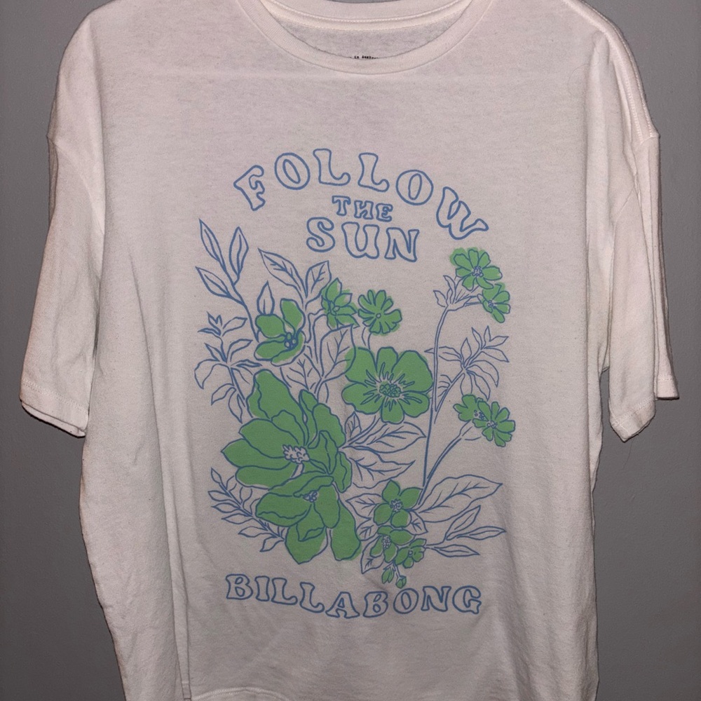 White Billabong flower tee with blue and green accents